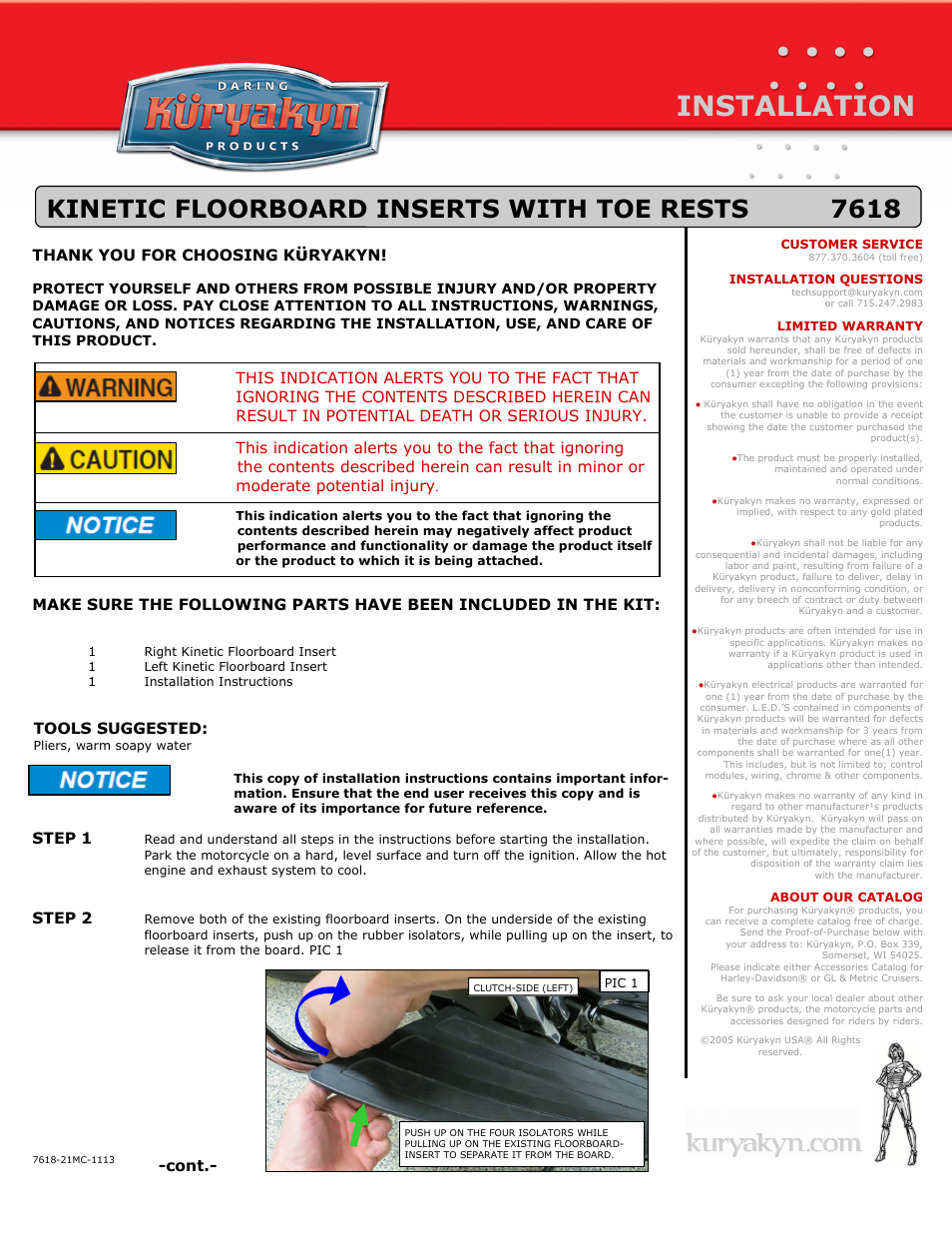 Kuryakyn 7618 KINETIC FLOORBOARD INSERTS WITH TOE RESTS User Manual | 2 pages