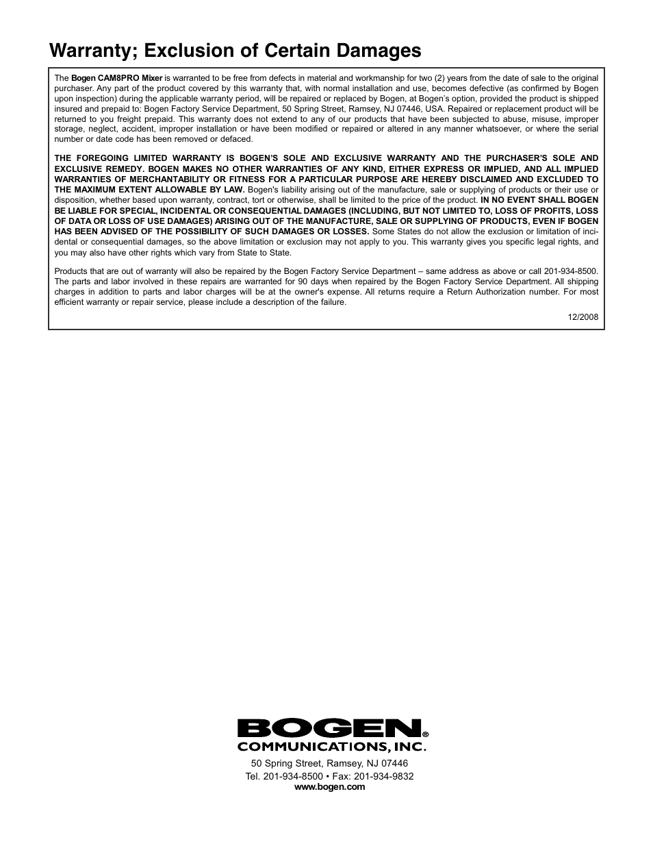 Warranty; exclusion of certain damages | Bogen CAM8PRO User Manual | Page 24 / 24