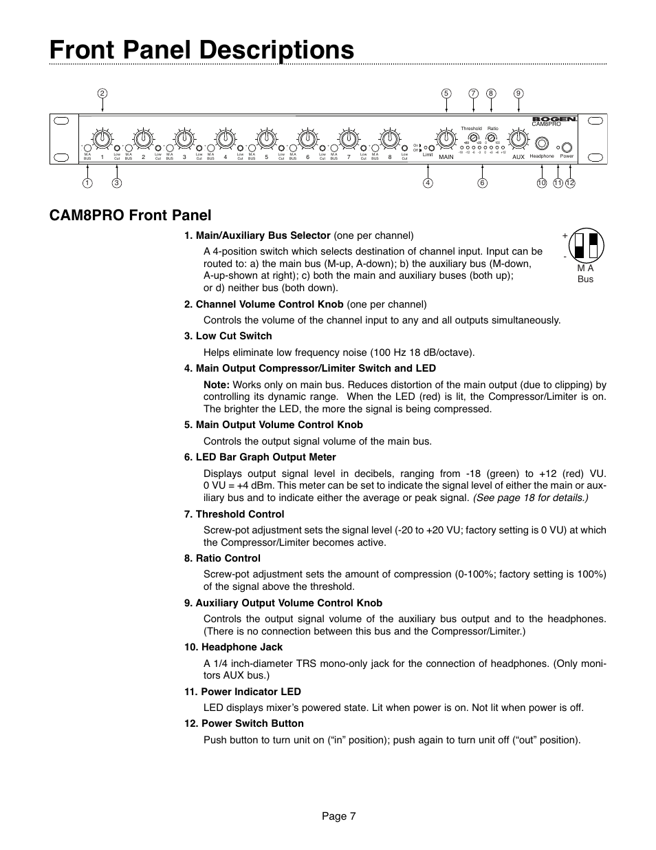 Front panel descriptions, Cam8pro front panel, Page 7 | M a bus | Bogen CAM8PRO User Manual | Page 7 / 24