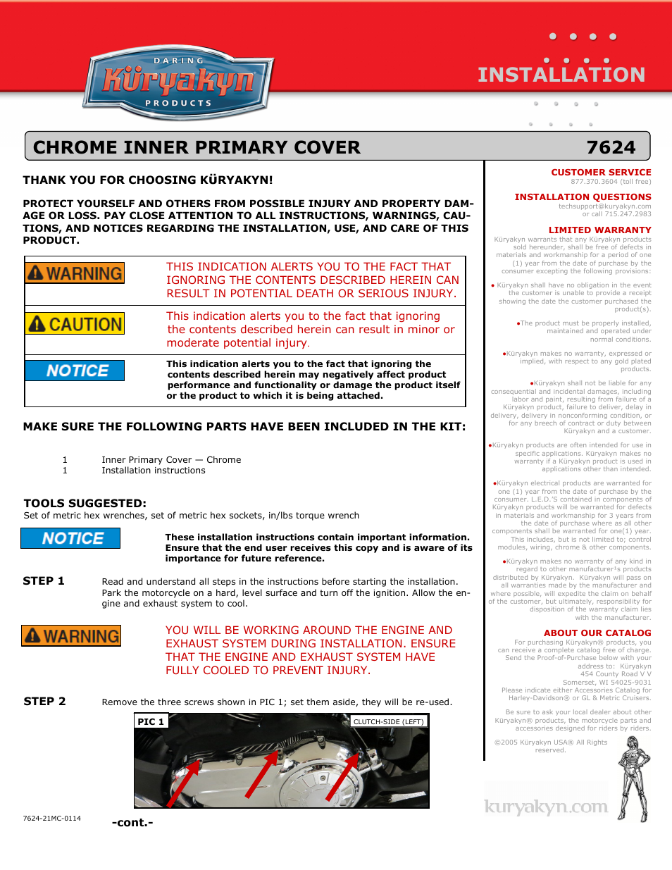 Kuryakyn 7624 CHROME INNER PRIMARY COVER User Manual | 2 pages