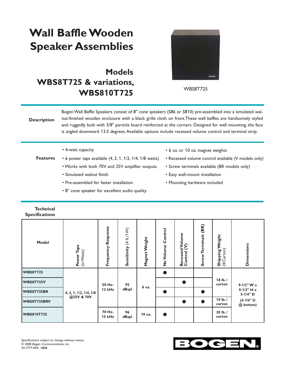 Bogen WBS8T725 User Manual | 2 pages