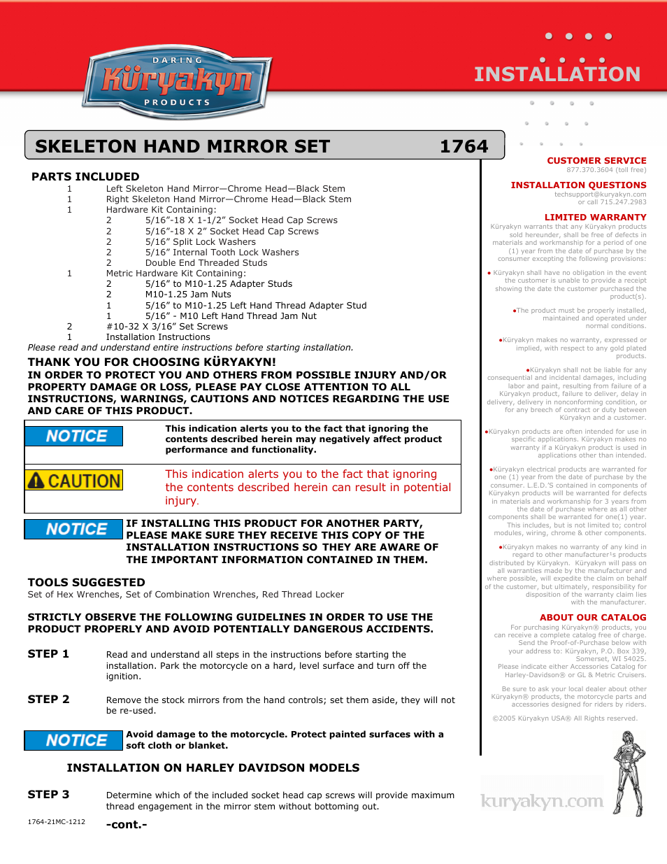 Kuryakyn 1764 SKELETON HAND MIRROR SET User Manual | 3 pages