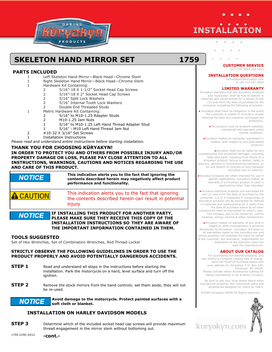 Kuryakyn 1759 SKELETON HAND MIRROR SET User Manual | 3 pages