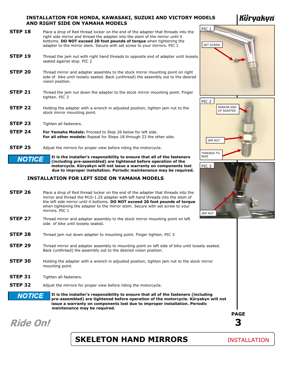 Ride on, Skeleton hand mirrors, Installation | Kuryakyn 1758 SKELETON HAND MIRROR SET User Manual | Page 3 / 3