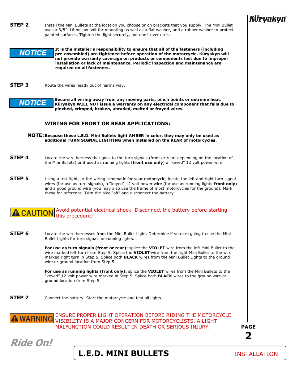 Ride on, L.e.d. mini bullets, Installation | Kuryakyn 2504 L.E.D. MINI BULLETS User Manual | Page 2 / 2