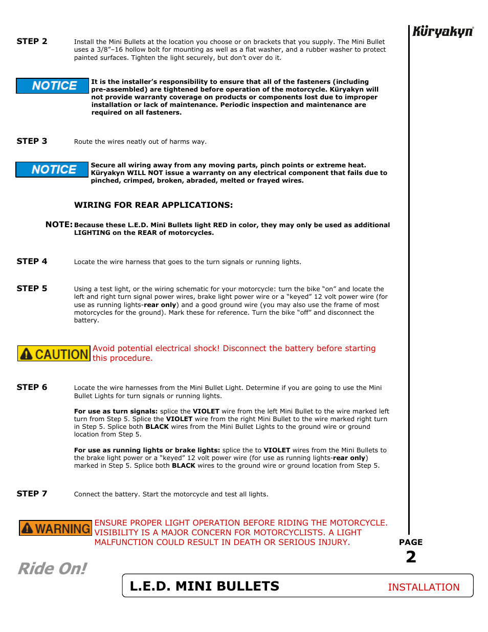 Ride on, L.e.d. mini bullets, Installation | Kuryakyn 2501 L.E.D. MINI BULLETS User Manual | Page 2 / 2