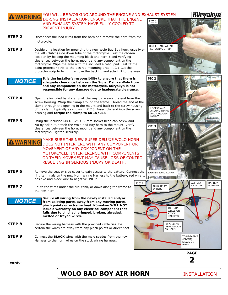 Wolo bad boy air horn, Installation | Kuryakyn 7290 SUPER DELUXE WOLO BAD BOY AIR HORN KIT User Manual | Page 2 / 3