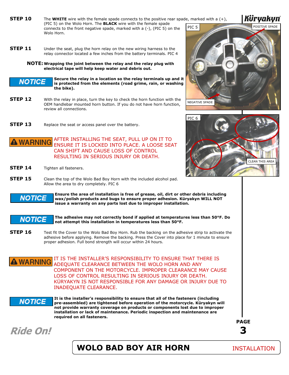 Ride on, Wolo bad boy air horn, Installation | Kuryakyn 7290 SUPER DELUXE WOLO BAD BOY AIR HORN KIT User Manual | Page 3 / 3