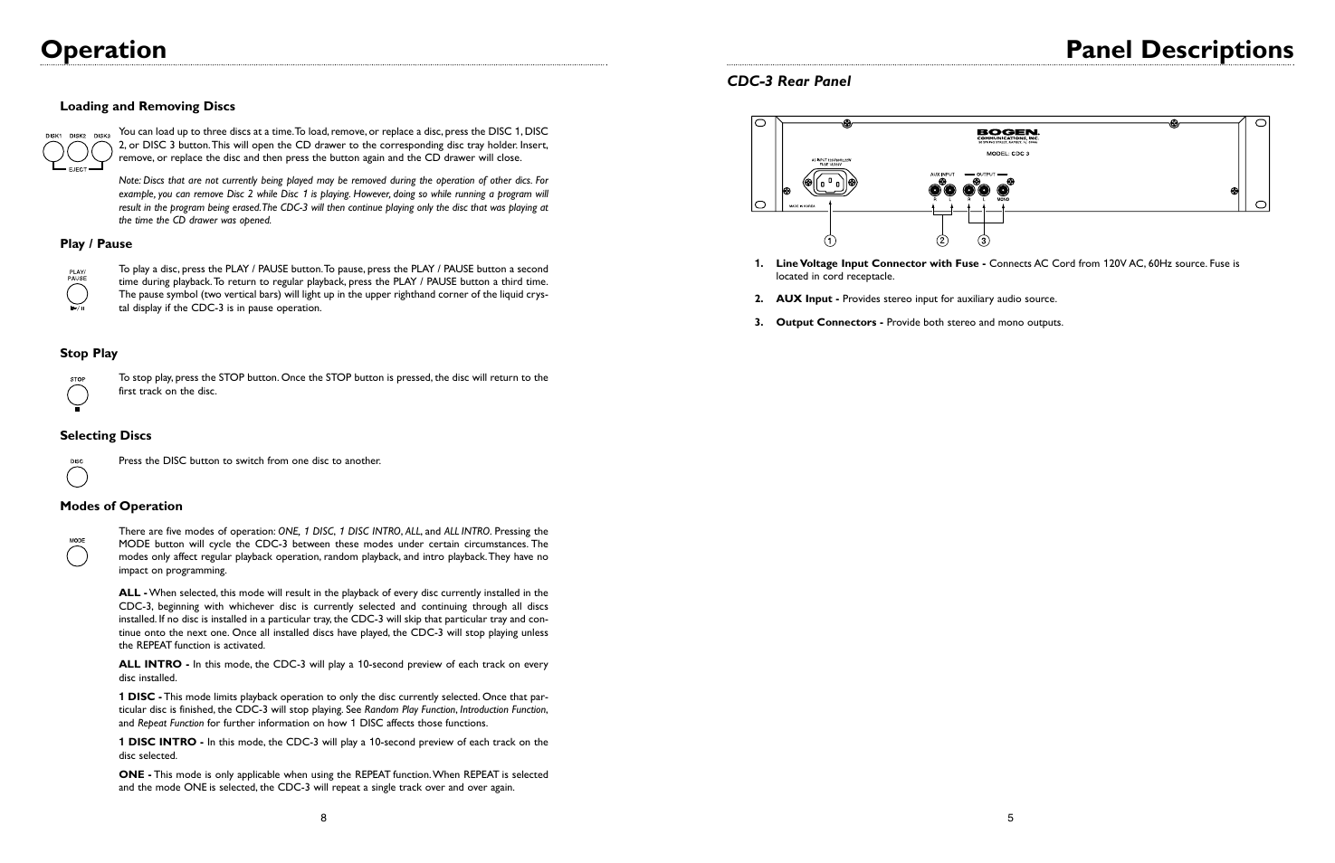 Operation, Panel descriptions, Cdc-3 rear panel | Bogen CDC-3 User Manual | Page 10 / 16