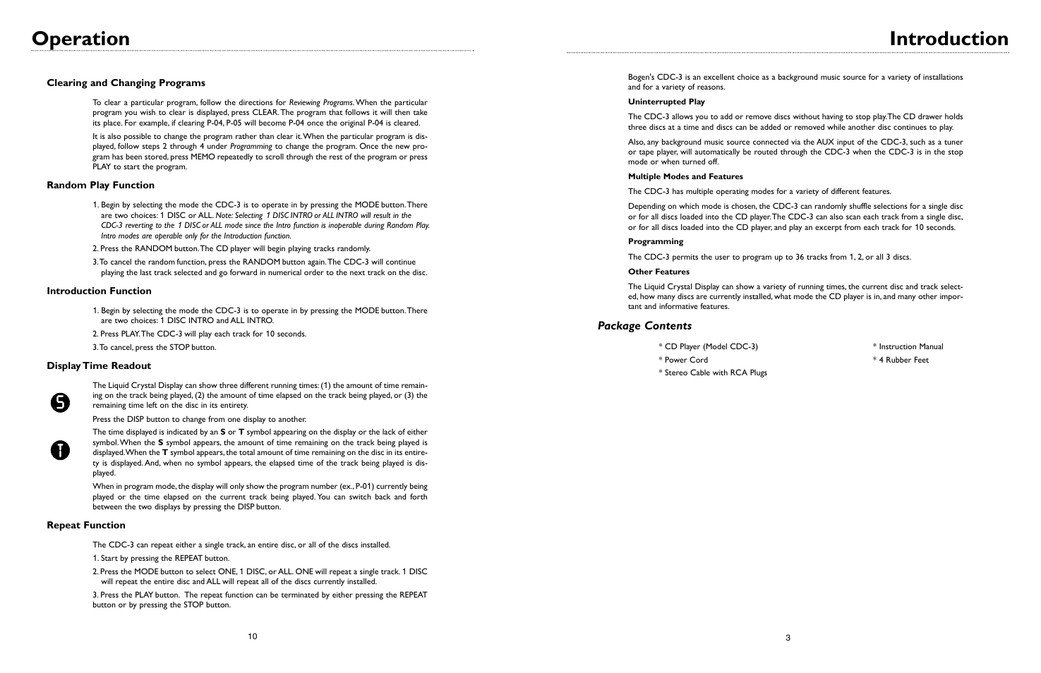 Operation, Introduction, Package contents | Bogen CDC-3 User Manual | Page 12 / 16