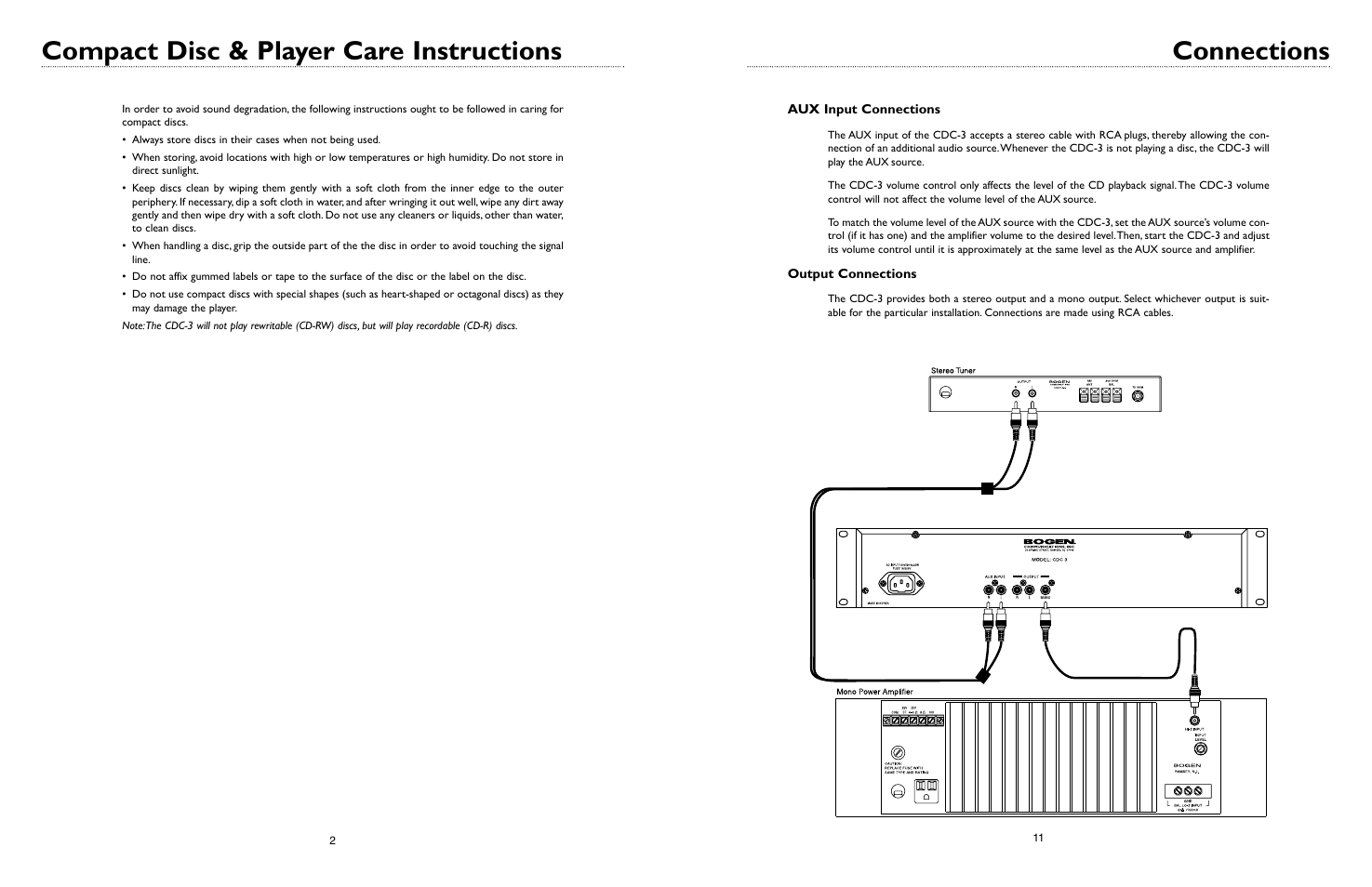 Compact disc & player care instructions, Connections | Bogen CDC-3 User Manual | Page 13 / 16