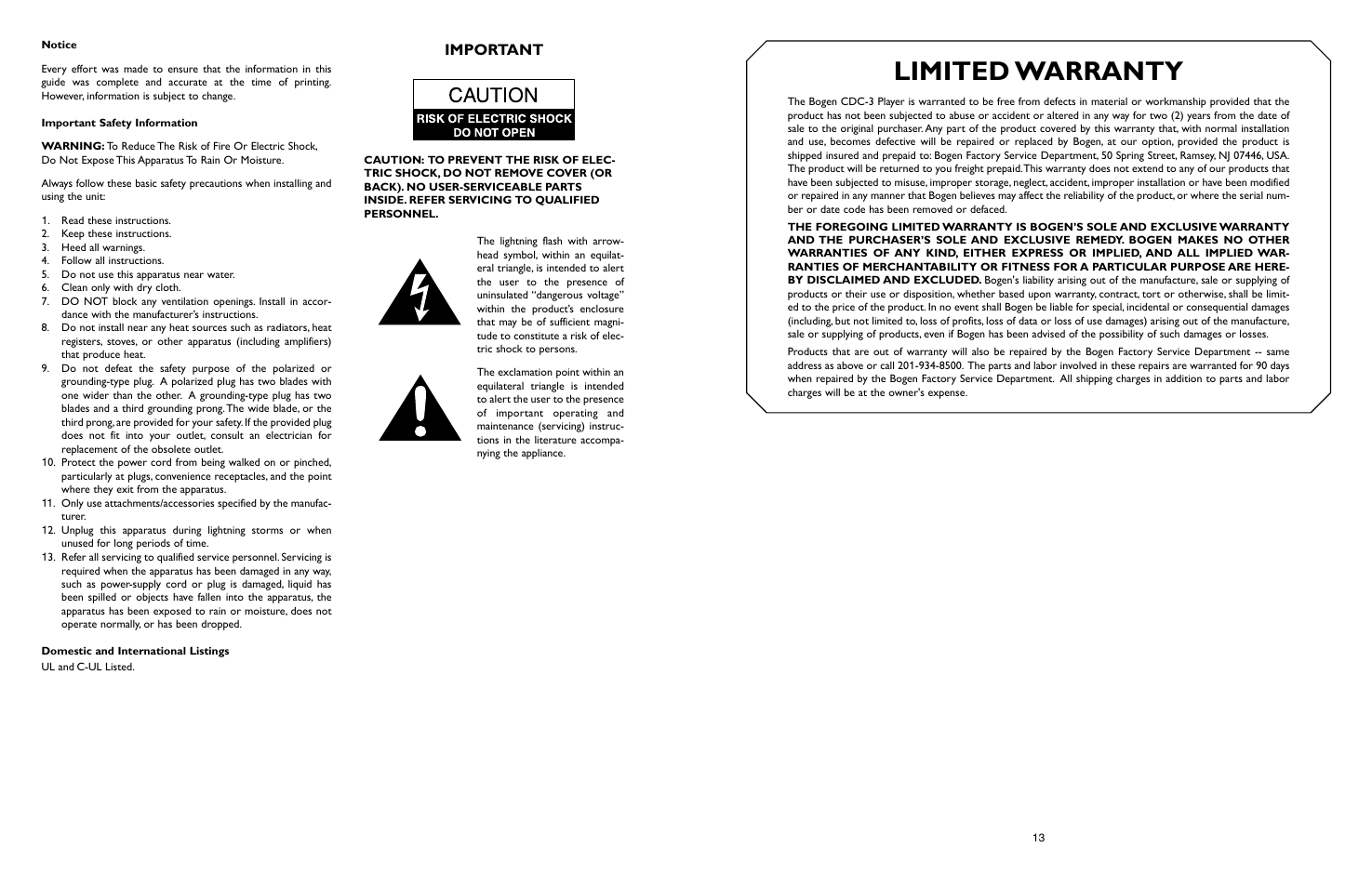 Limited warranty, Important | Bogen CDC-3 User Manual | Page 15 / 16