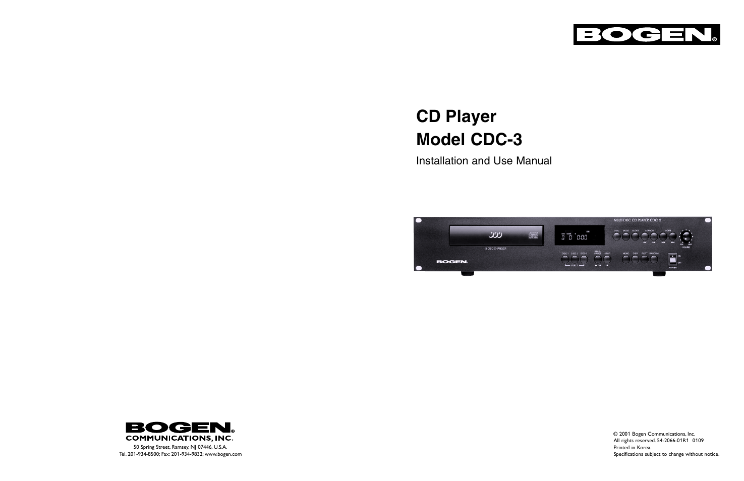 Cd player model cdc-3, Installation and use manual | Bogen CDC-3 User Manual | Page 16 / 16