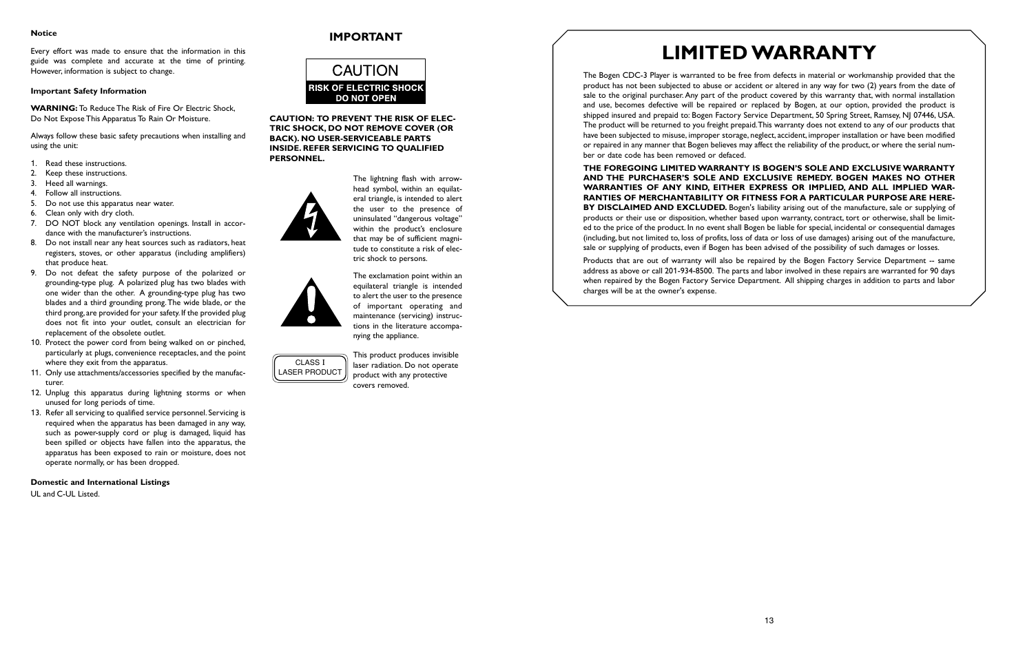 Limited warranty, Important | Bogen CDC-3 User Manual | Page 2 / 16