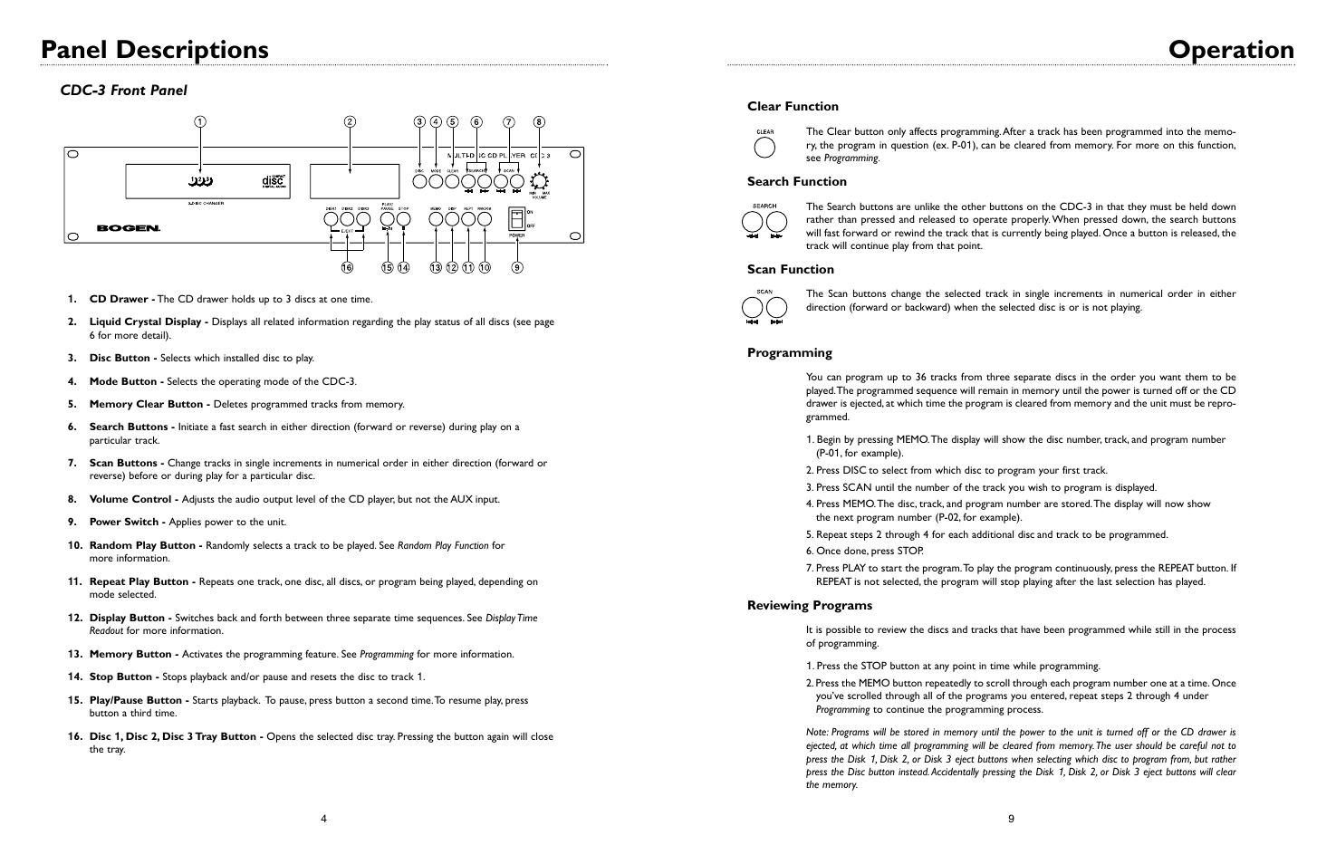 Panel descriptions, Operation, Cdc-3 front panel | Bogen CDC-3 User Manual | Page 6 / 16