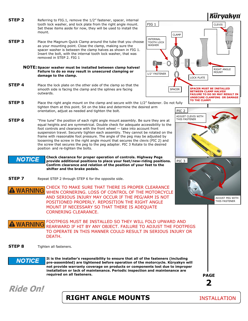 Ride on, Right angle mounts, Installation | Kuryakyn 7559 RIGHT ANGLE MOUNTS/MAGNUM CLAMPS User Manual | Page 2 / 2