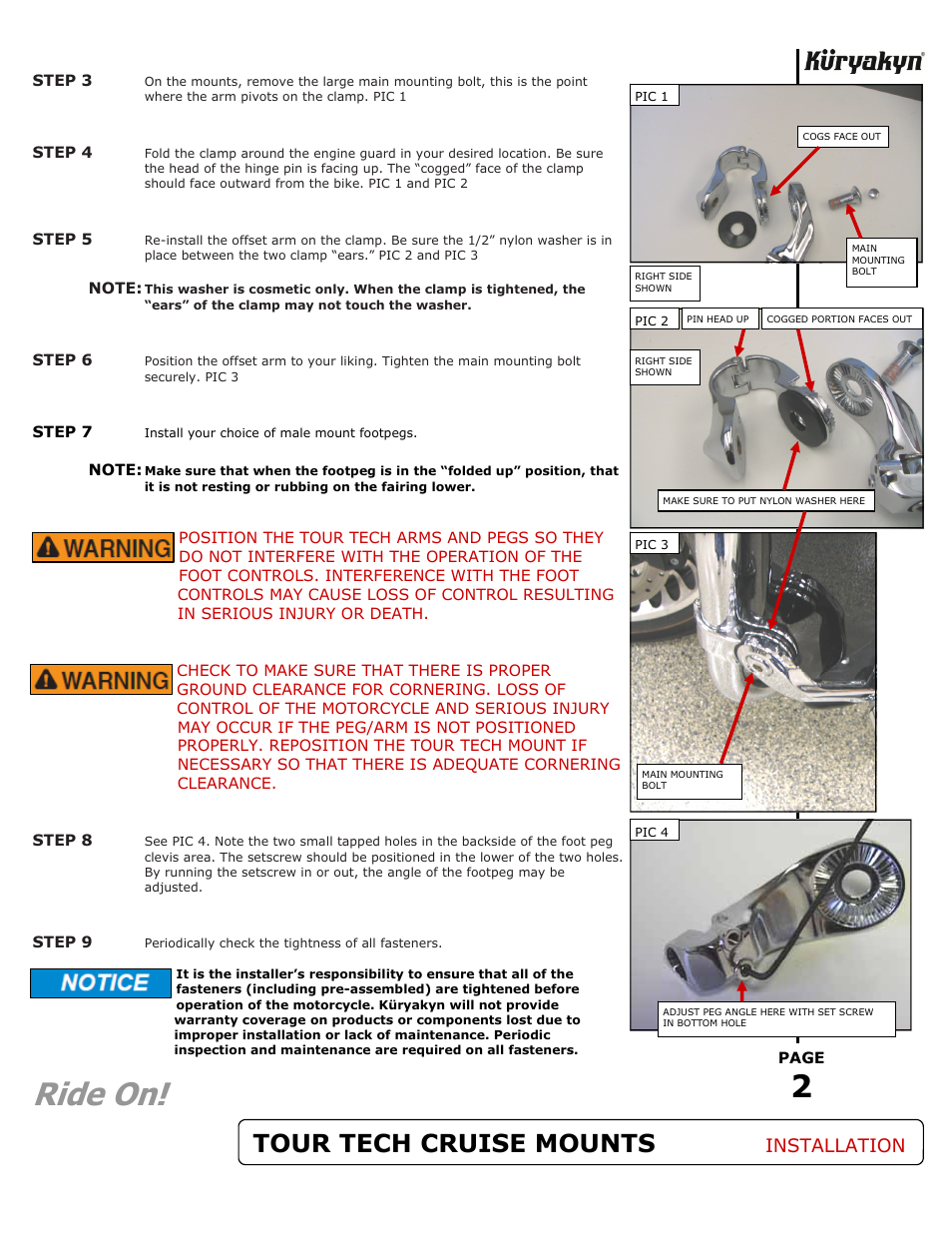 Ride on, Tour tech cruise mounts, Installation | Kuryakyn 4520 TOUR TECH CRUISE MOUNTS User Manual | Page 2 / 2