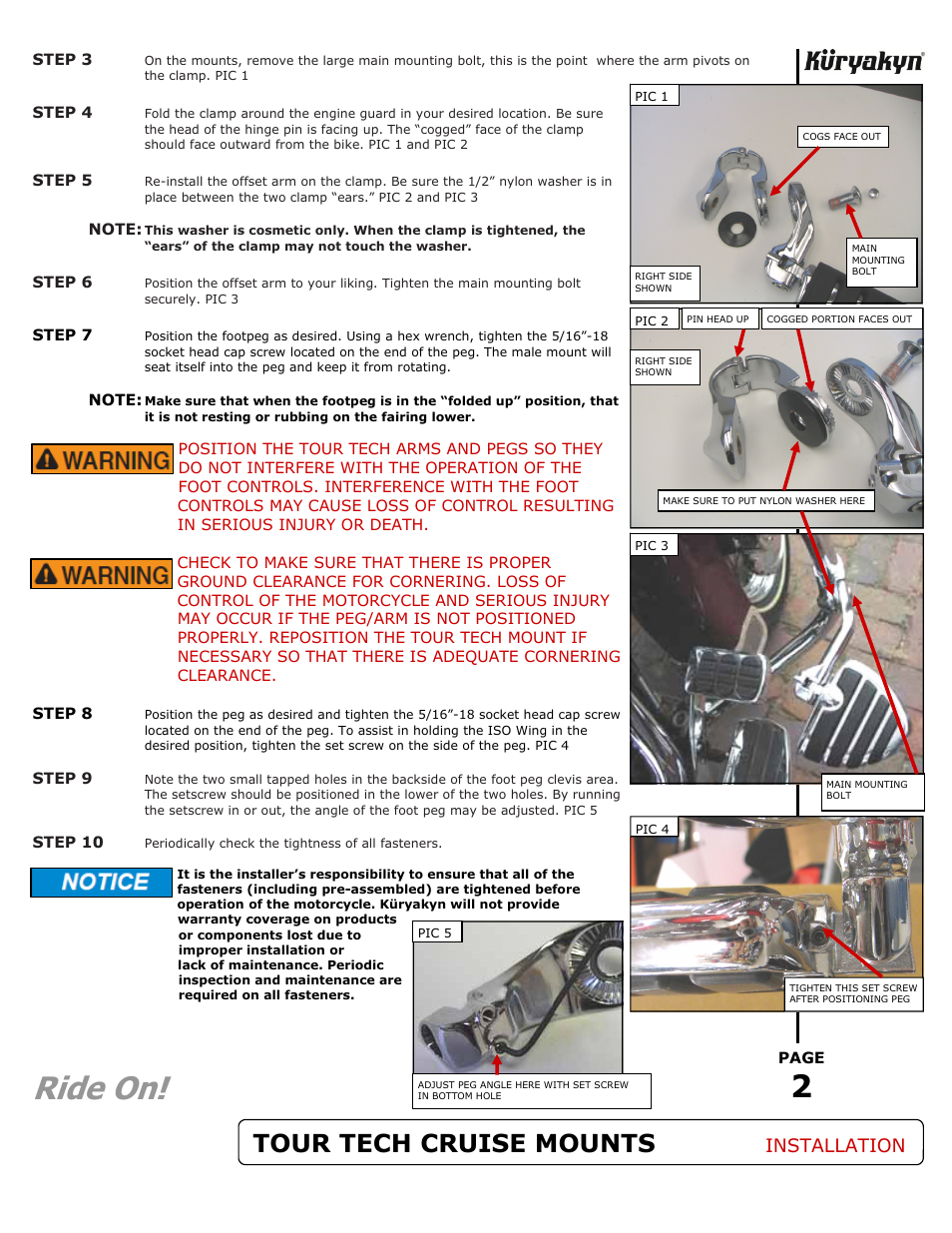 Ride on, Tour tech cruise mounts, Installation | Kuryakyn 4528 TOUR TECH CRUISE MOUNTS User Manual | Page 2 / 2