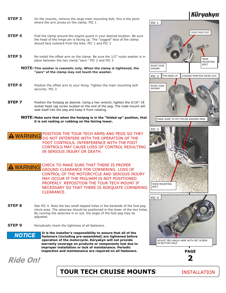 Ride on, Tour tech cruise mounts, Installation | Kuryakyn 4529 TOUR TECH CRUISE MOUNTS User Manual | Page 2 / 2