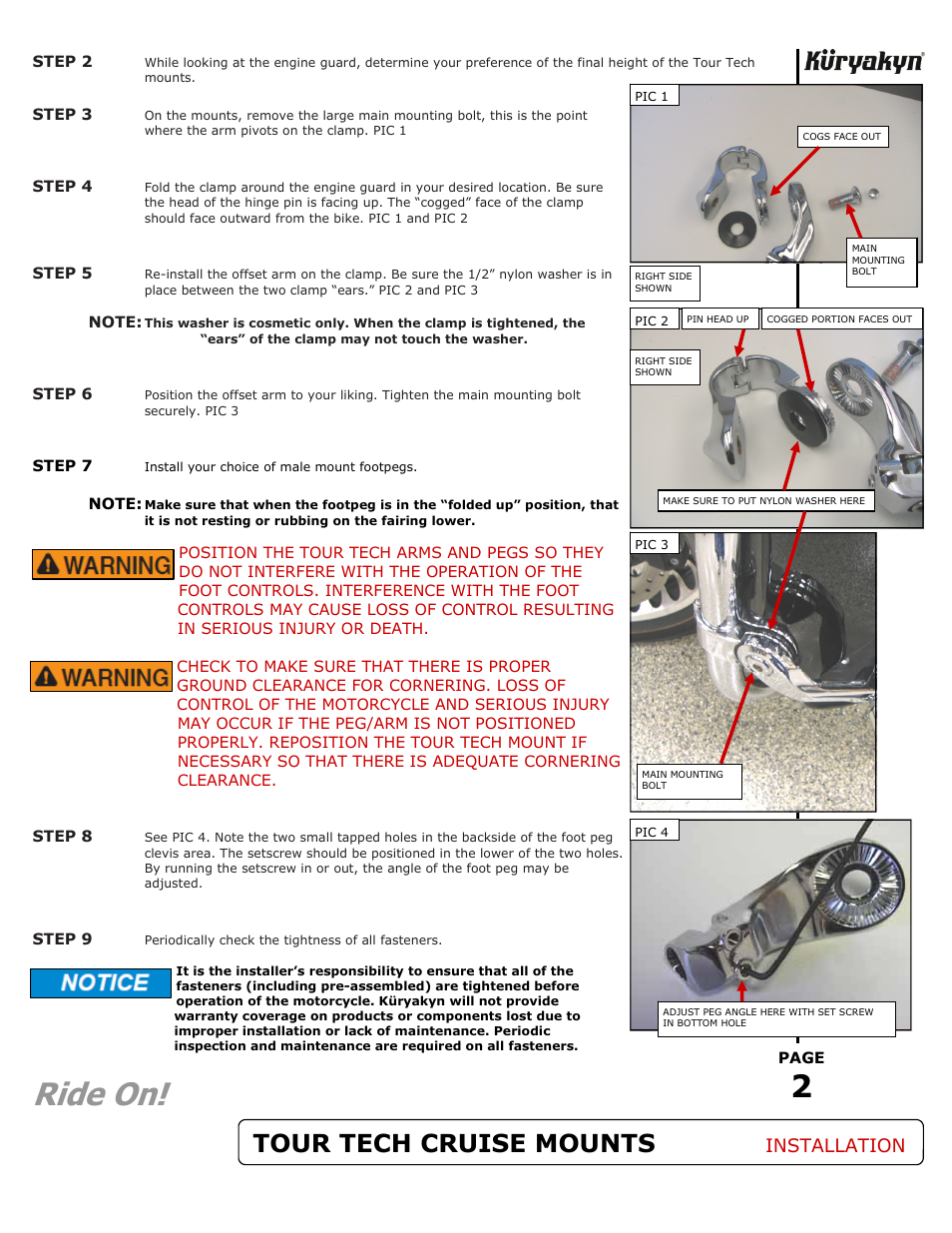 Ride on, Tour tech cruise mounts, Installation | Kuryakyn 7575 TOUR TECH CRUISE MOUNTS User Manual | Page 2 / 2