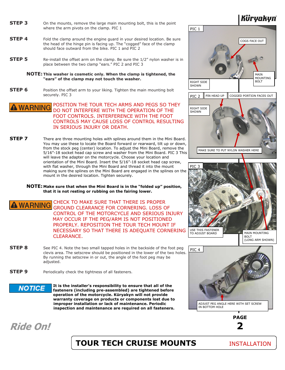 Ride on, Tour tech cruise mounts, Installation | Kuryakyn 7581 TOUR TECH CRUISE MOUNTS User Manual | Page 2 / 2