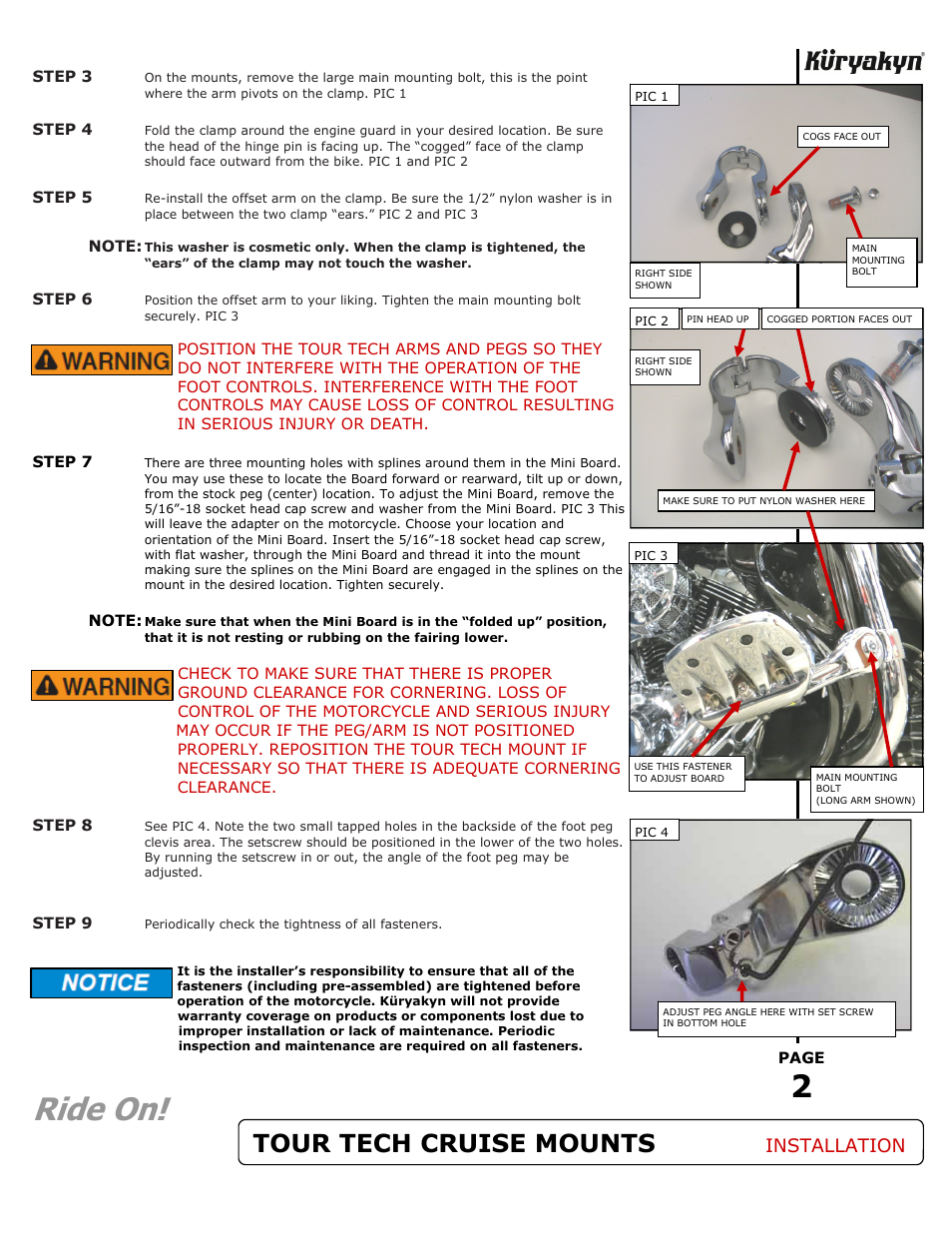 Ride on, Tour tech cruise mounts, Installation | Kuryakyn 7582 TOUR TECH CRUISE MOUNTS User Manual | Page 2 / 2