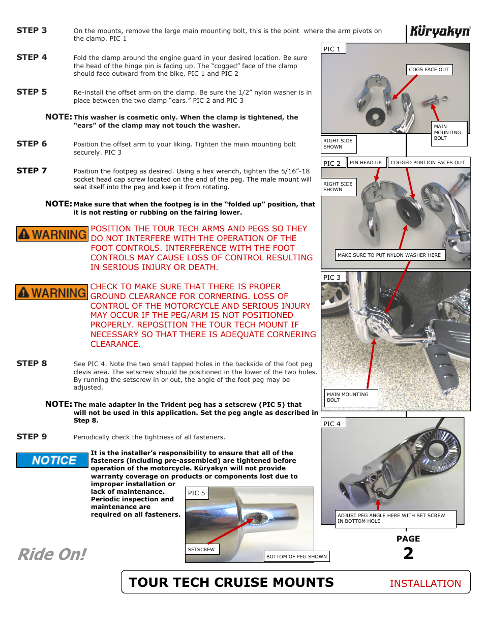 Ride on, Tour tech cruise mounts, Installation | Kuryakyn 7585 TOUR TECH CRUISE MOUNTS User Manual | Page 2 / 2