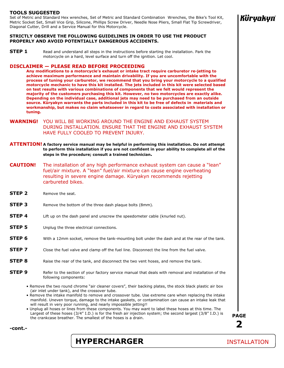 Hypercharger, Installation | Kuryakyn 9400 HYPERCHARGER AIR CLEANER KIT User Manual | Page 2 / 5