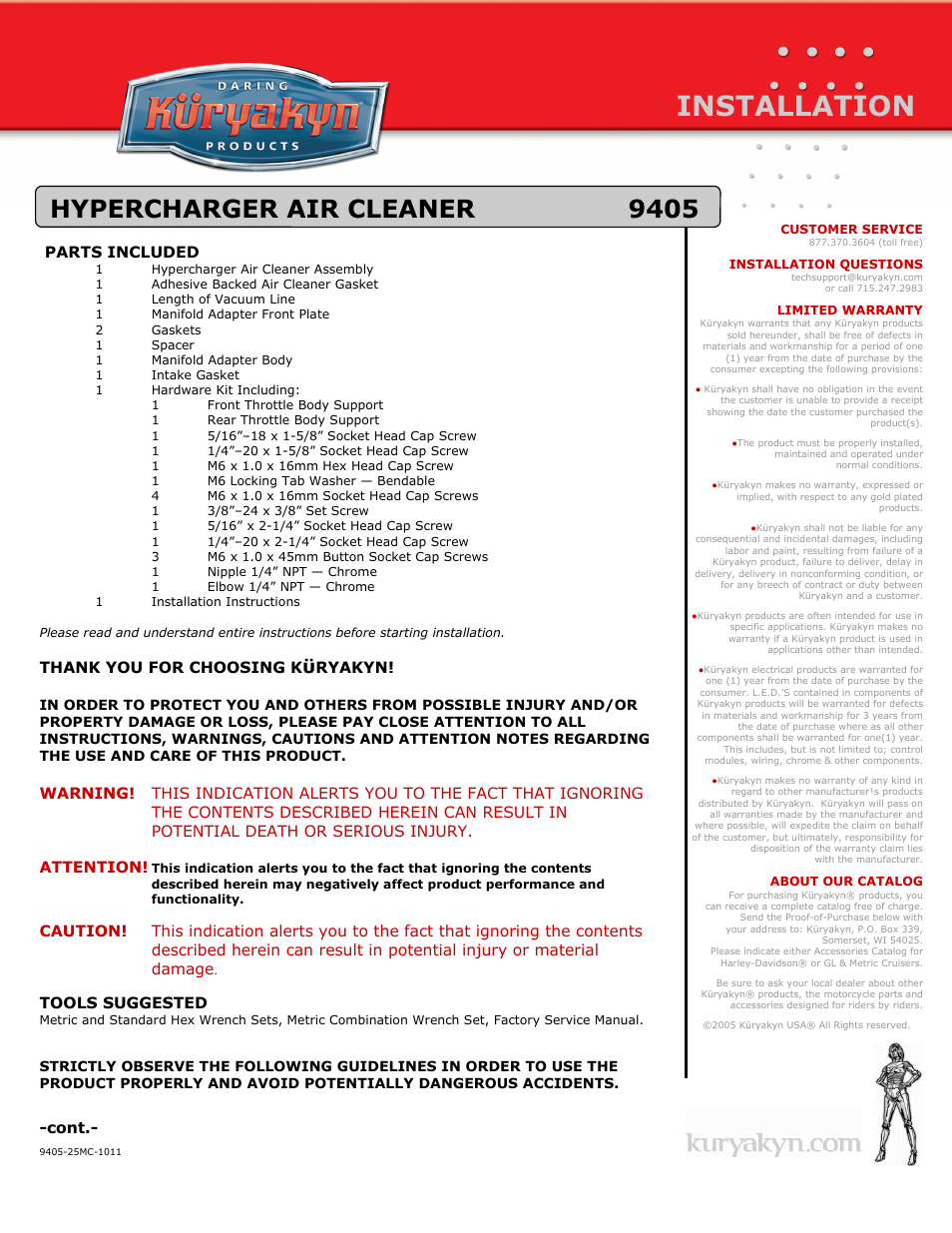 Kuryakyn 9405 HYPERCHARGER AIR CLEANER User Manual | 4 pages