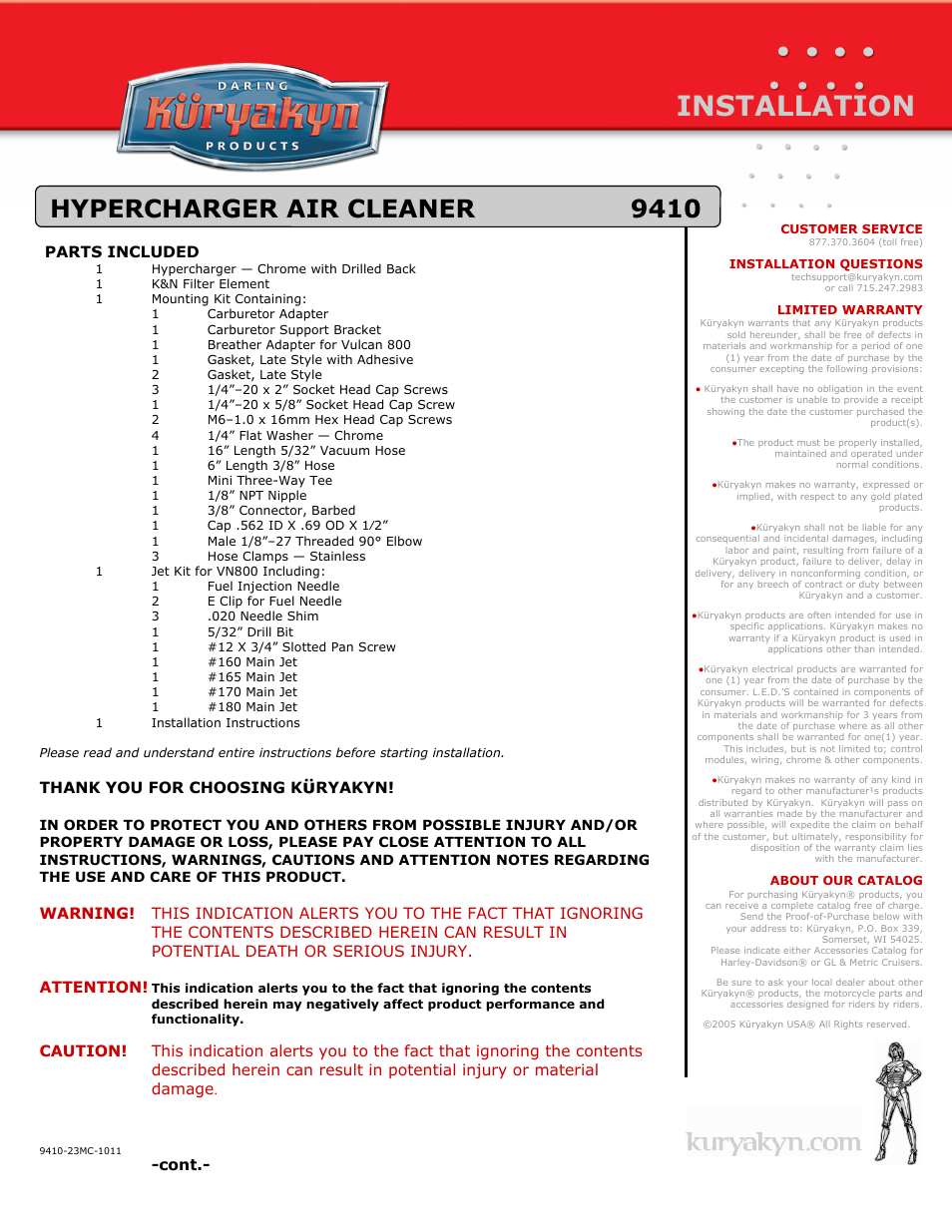 Kuryakyn 9410 HYPERCHARGER AIR CLEANER User Manual | 4 pages