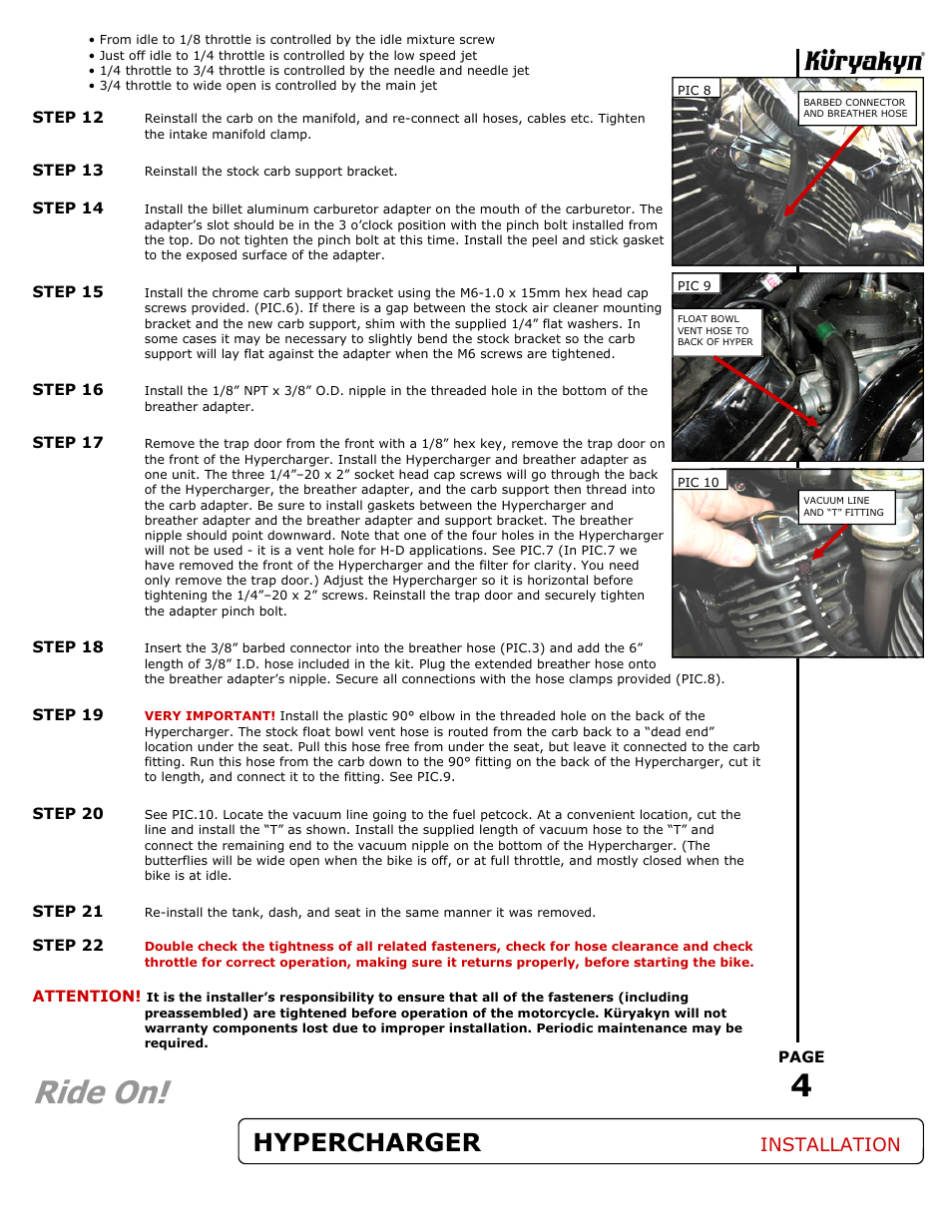 Ride on, Hypercharger, Installation | Kuryakyn 9410 HYPERCHARGER AIR CLEANER User Manual | Page 4 / 4