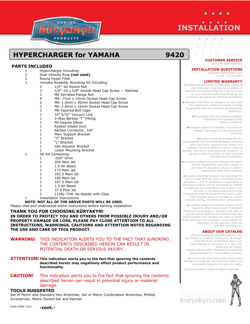 Kuryakyn 9420 HYPERCHARGER for YAMAHA User Manual | 4 pages