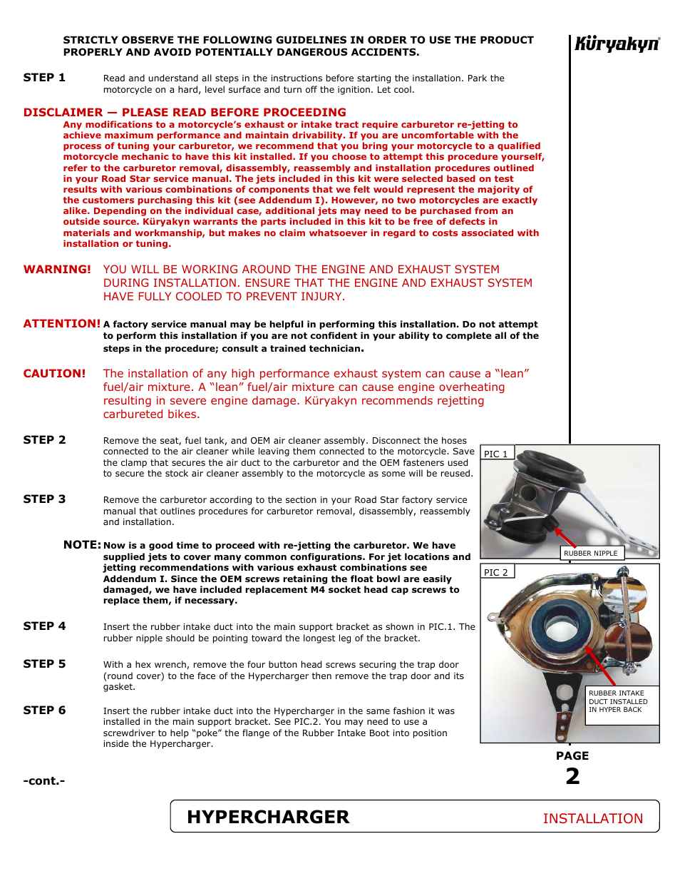 Hypercharger, Installation | Kuryakyn 9420 HYPERCHARGER for YAMAHA User Manual | Page 2 / 4