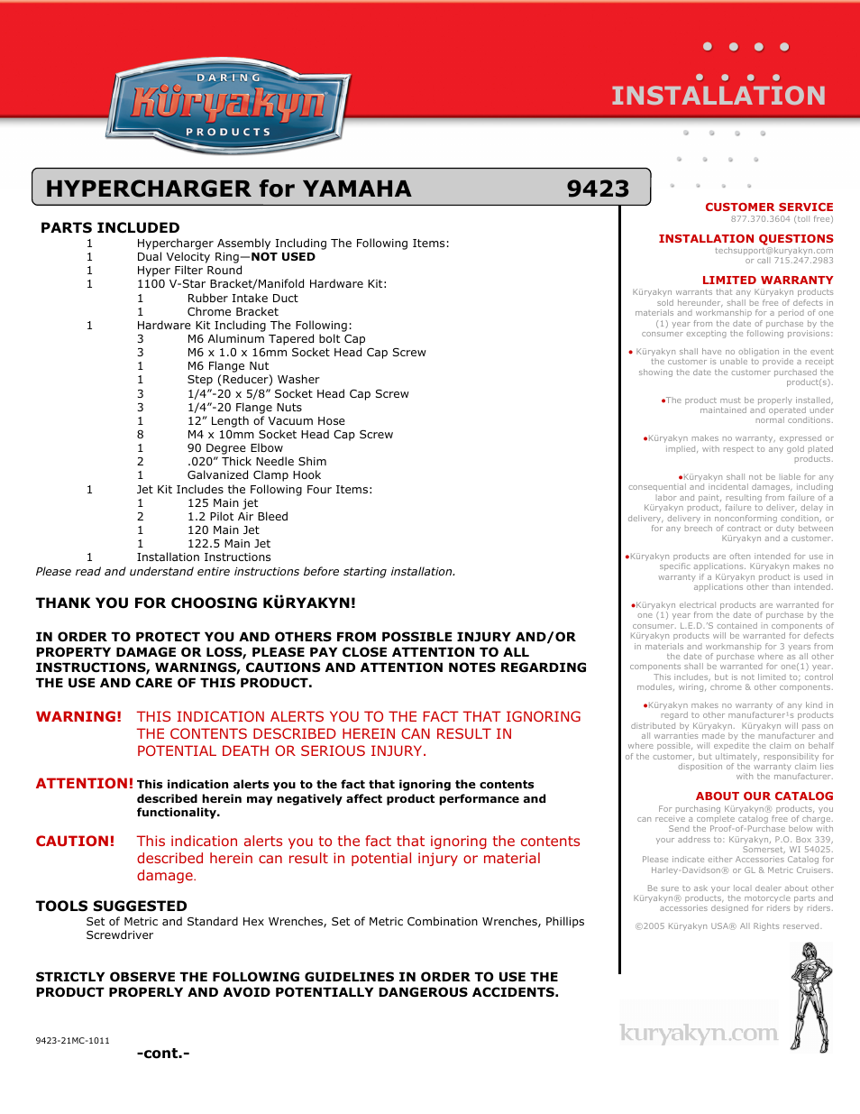 Kuryakyn 9423 HYPERCHARGER for YAMAHA User Manual | 4 pages