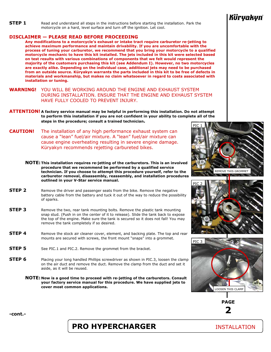 Pro hypercharger, Installation | Kuryakyn 9423 HYPERCHARGER for YAMAHA User Manual | Page 2 / 4