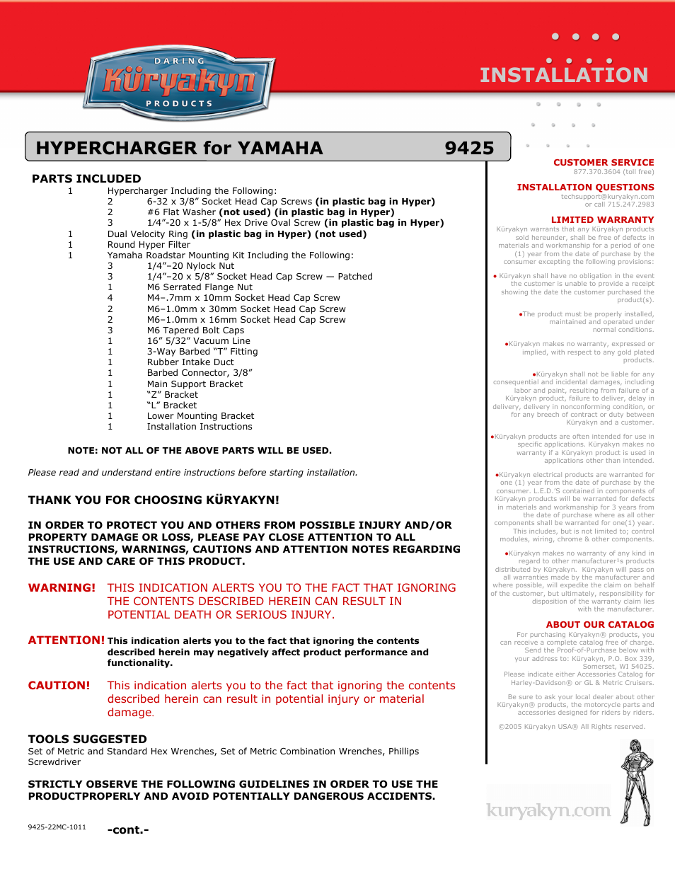 Kuryakyn 9425 HYPERCHARGER for YAMAHA User Manual | 3 pages