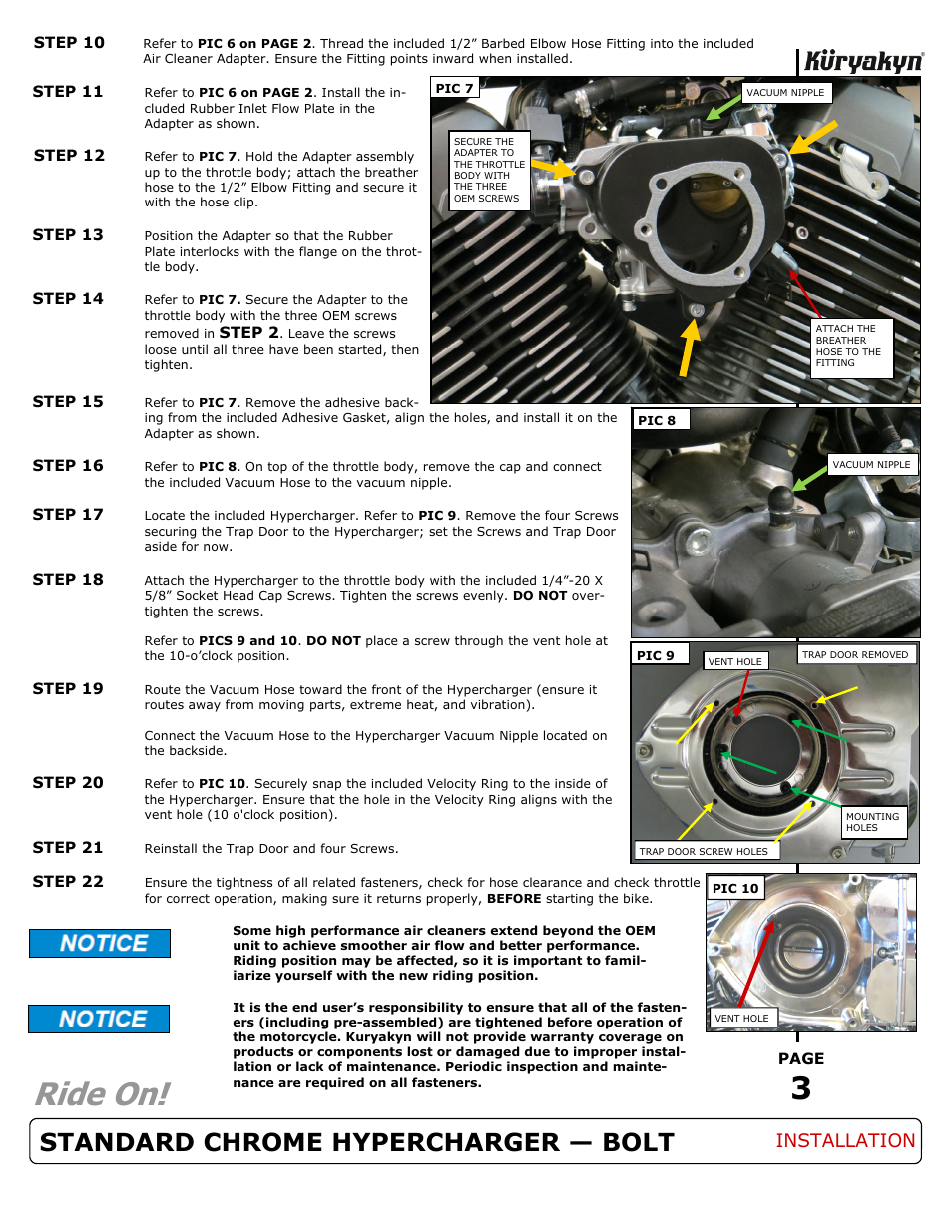 Ride on, Standard chrome hypercharger — bolt, Installation | Kuryakyn 9426 STANDARD CHROME HYPERCHARGER — BOLT User Manual | Page 3 / 3