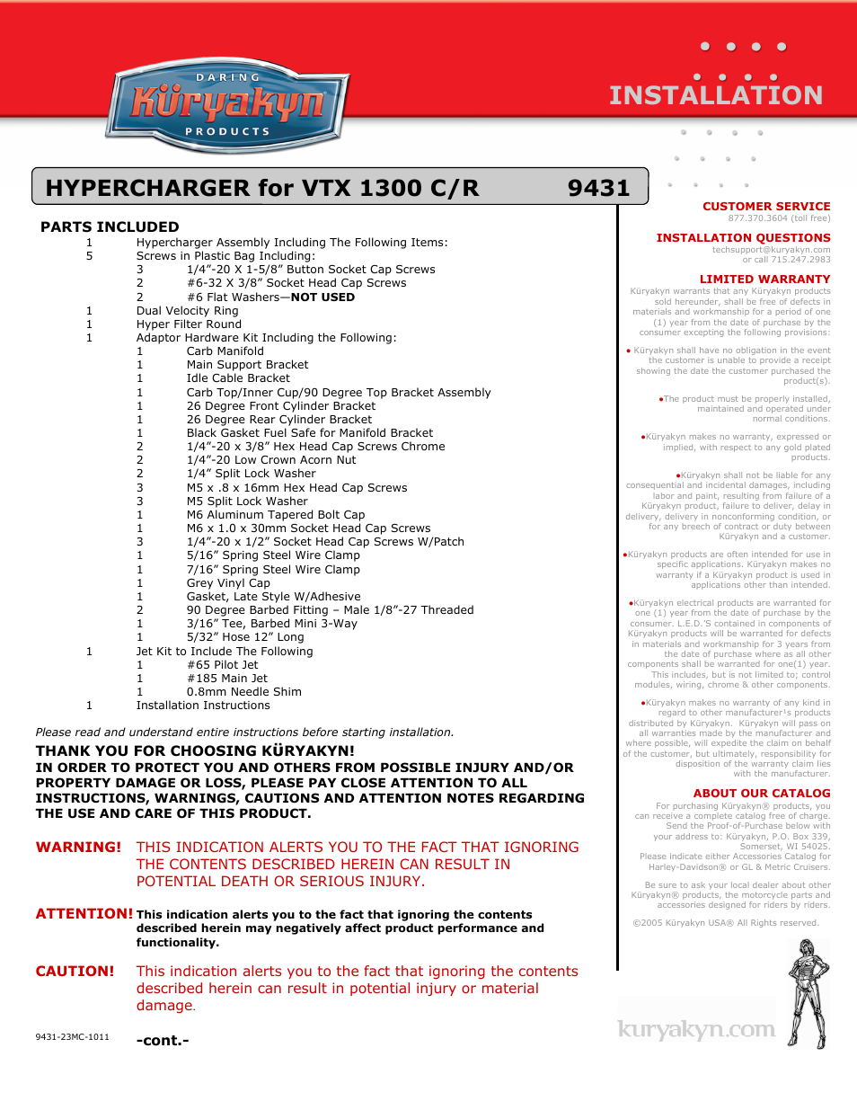 Kuryakyn 9431 HYPERCHARGER for VTX 1300 C/R User Manual | 4 pages