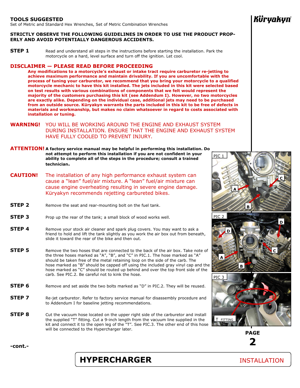 Hypercharger, Installation | Kuryakyn 9431 HYPERCHARGER for VTX 1300 C/R User Manual | Page 2 / 4