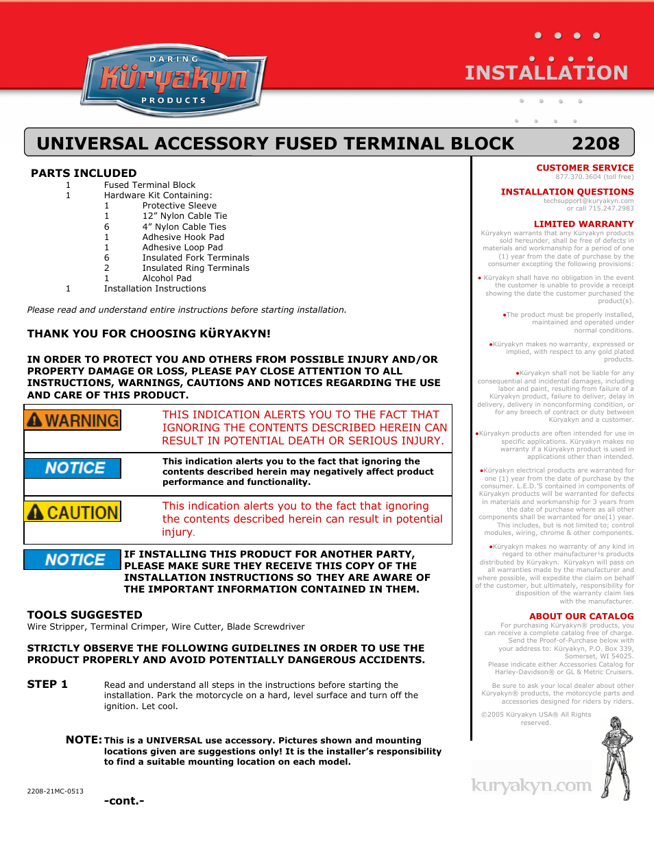 Kuryakyn 2208 UNIVERSAL ACCESSORY FUSED TERMINAL BLOCK User Manual | 3 pages