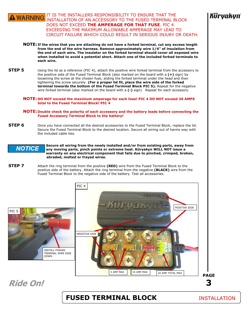 Ride on, Fused terminal block, Installation | Kuryakyn 2208 UNIVERSAL ACCESSORY FUSED TERMINAL BLOCK User Manual | Page 3 / 3