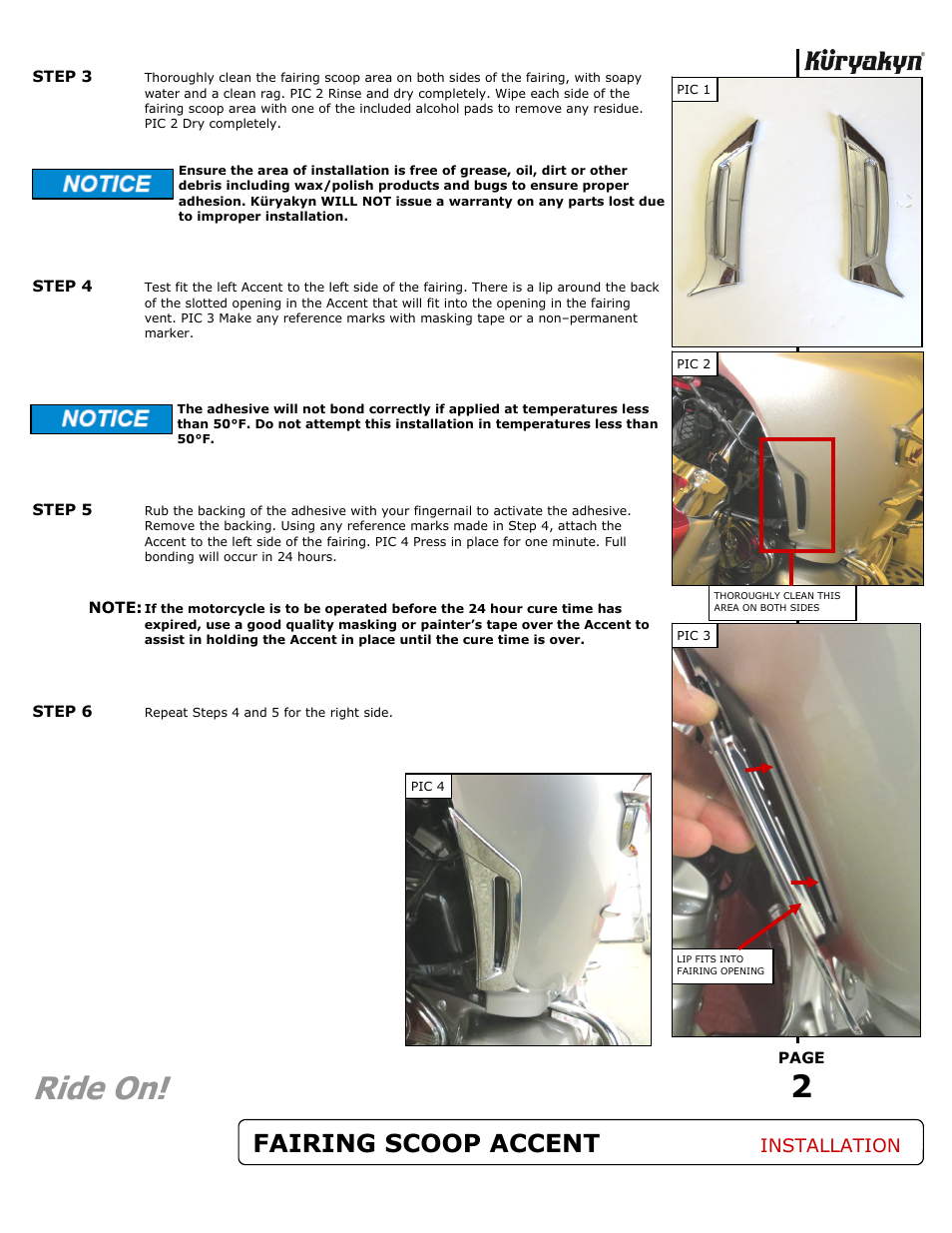 Ride on, Fairing scoop accent, Installation | Kuryakyn 3904 FAIRING SCOOP ACCENT User Manual | Page 2 / 2