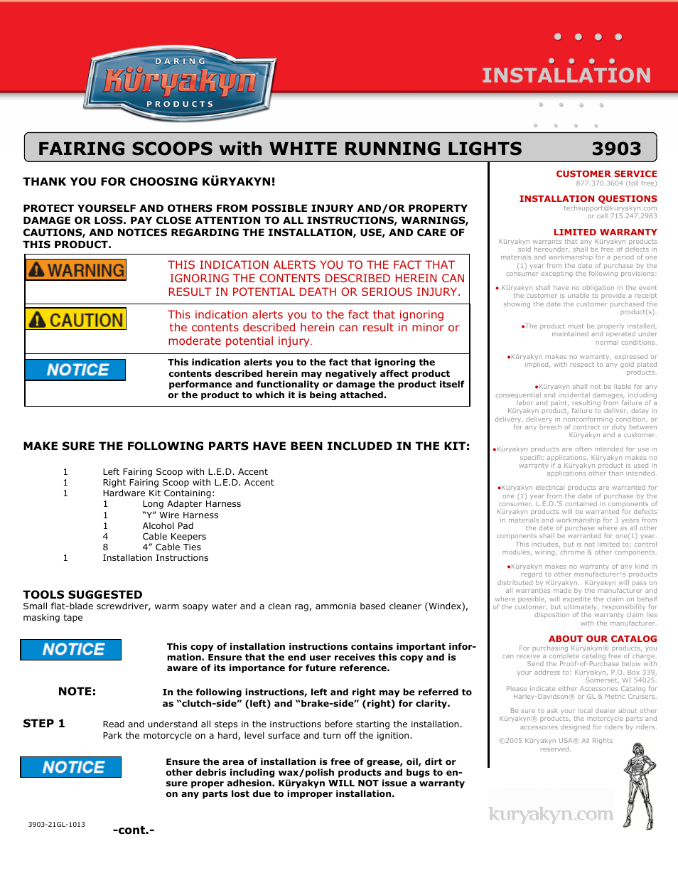 Kuryakyn 3903 FAIRING SCOOPS with WHITE RUNNING LIGHTS User Manual | 4 pages