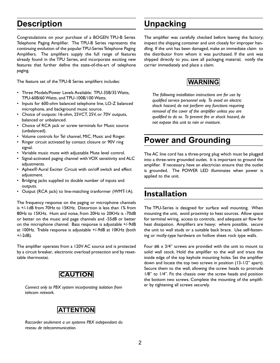 Description, Unpacking, Power and grounding | Installation, Caution, Attention, Warning | Bogen TPU-35B User Manual | Page 3 / 8