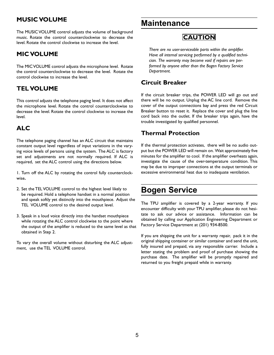 Maintenance, Bogen service | Bogen TPU-35B User Manual | Page 6 / 8