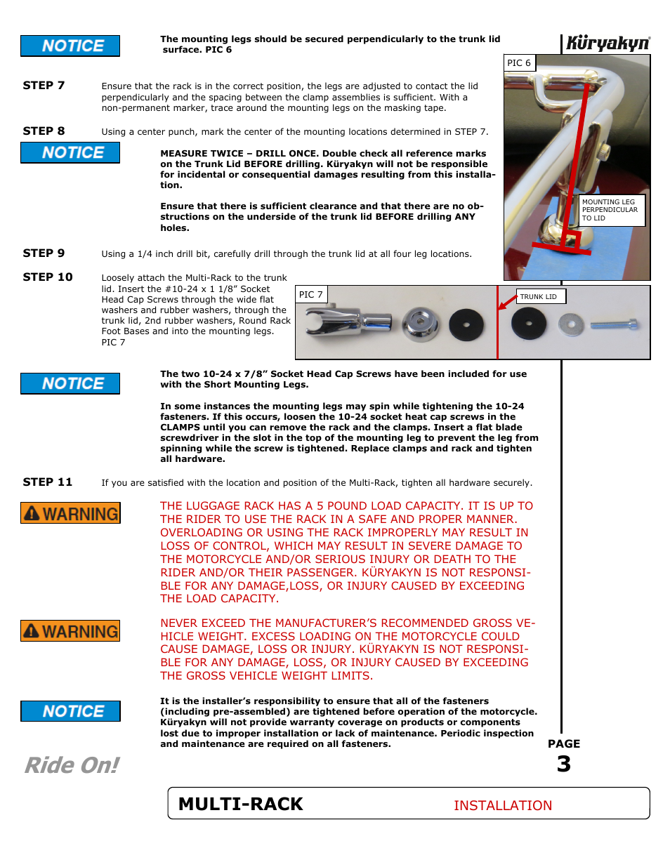 Ride on, Multi-rack, Installation | Kuryakyn 7159 MULTI-RACK User Manual | Page 3 / 3