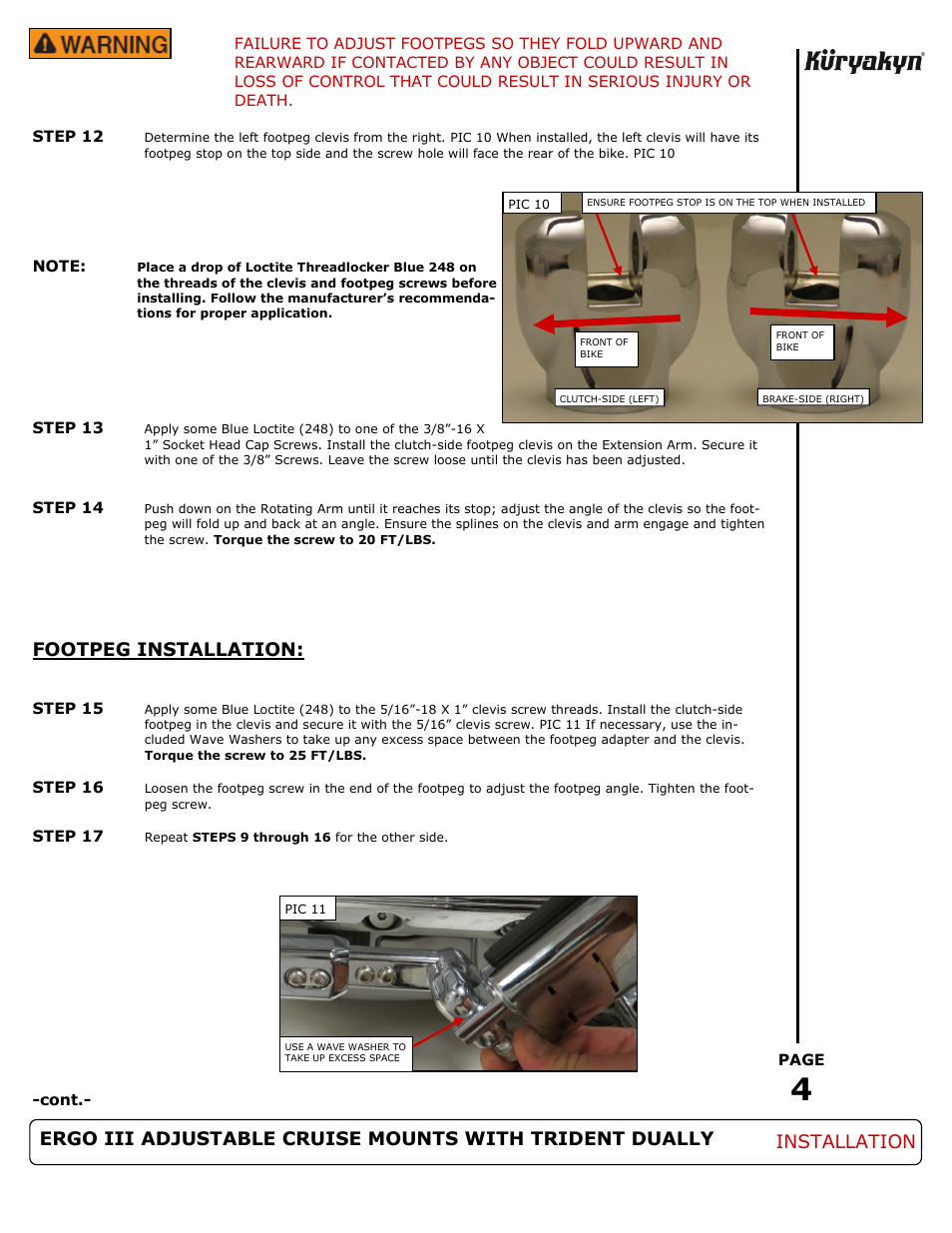 Footpeg installation | Kuryakyn 4081 ERGO III ADJUSTABLE CRUISE MOUNTS WITH TRIDENT DUALLY PEGS User Manual | Page 4 / 6