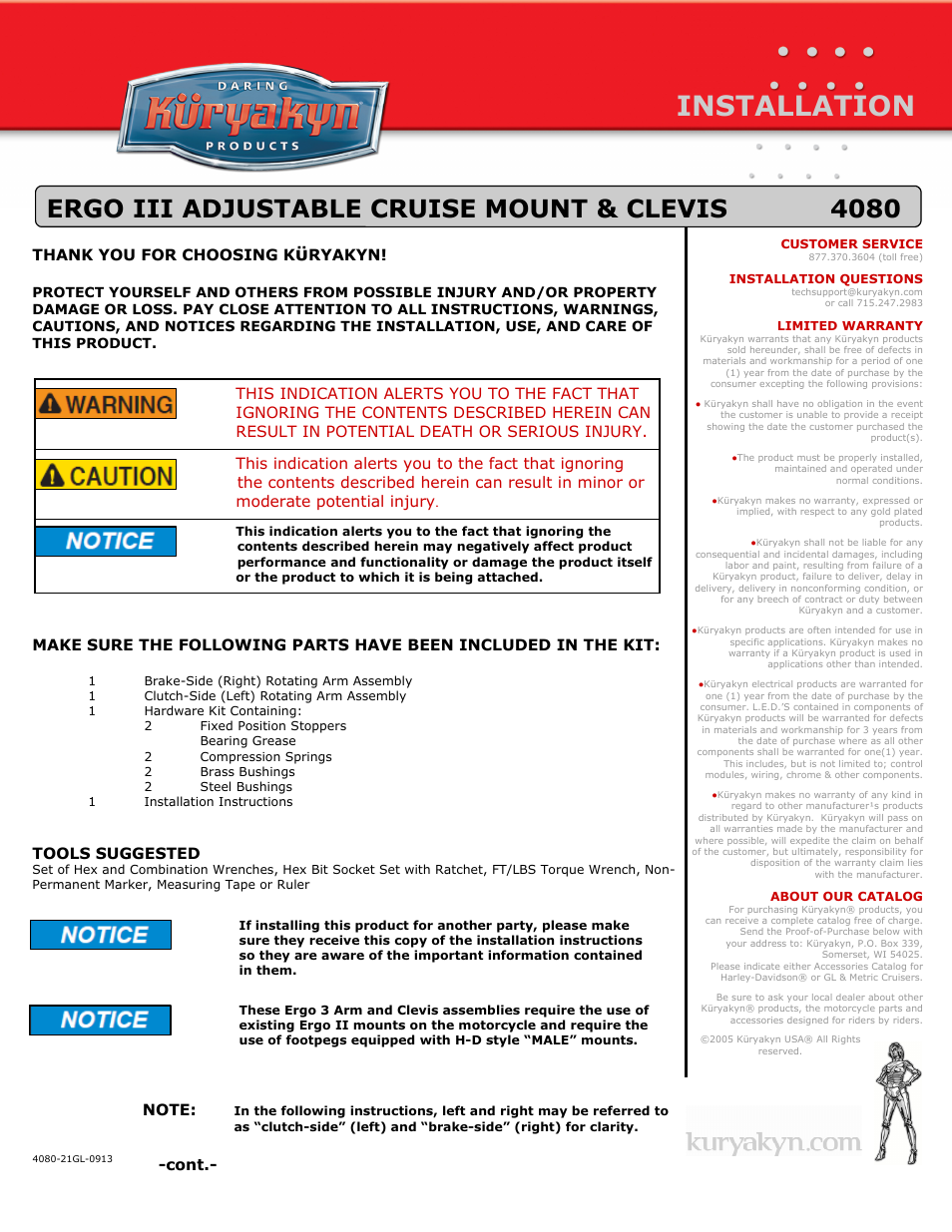 Kuryakyn 4080 ERGO III ADJUSTABLE CRUISE MOUNT & CLEVIS User Manual | 5 pages