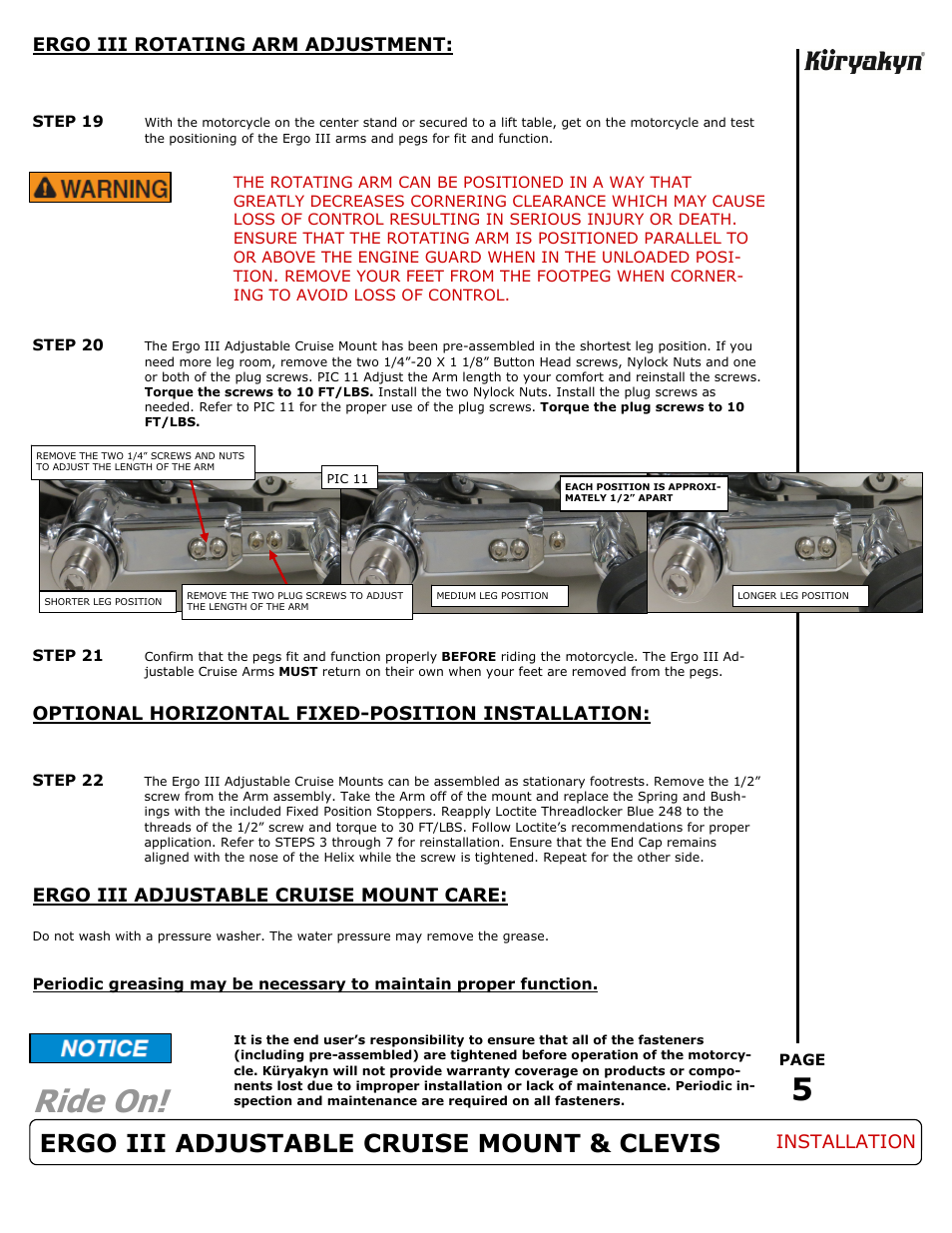 Ride on, Ergo iii adjustable cruise mount & clevis | Kuryakyn 4080 ERGO III ADJUSTABLE CRUISE MOUNT & CLEVIS User Manual | Page 5 / 5