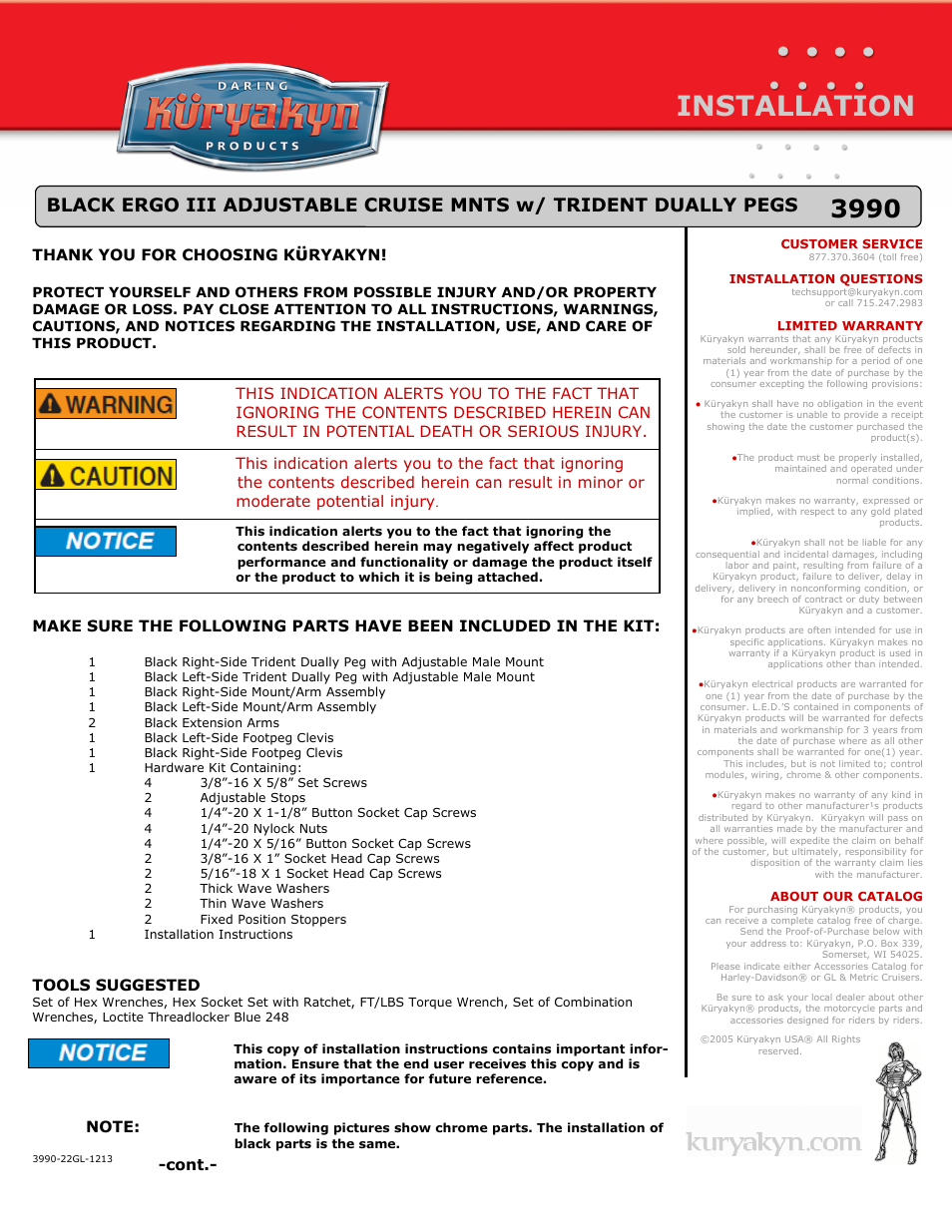 Kuryakyn 3990 BLACK ERGO III ADJUSTABLE CRUISE MNTS w/ TRIDENT DUALLY PEGS User Manual | 6 pages